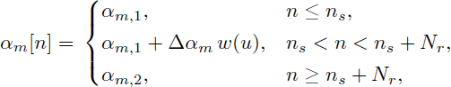 Mathematical equation: $$ \begin{aligned} \alpha _m[n]=&{\left\{ \begin{array}{ll} \alpha _{m,1},&n \le n_s,\\ \alpha _{m,1} + \mathrm{\Delta }\alpha _m\, w(u),&n_s < n < n_s+N_r,\\ \alpha _{m,2},&n \ge n_s+N_r, \end{array}\right.}\end{aligned} $$