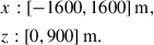 Mathematical equation: $$ \begin{aligned}&x : [-1600, 1600] \, \mathrm{m}, \\&z : [0, 900]\,\mathrm{m}. \end{aligned} $$