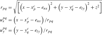 Mathematical equation: $$ \begin{aligned} r_{pq}&= \sqrt{\left[ \left( x - x_{p}^{c} - e_{nx} \right)^{2} + \left(y - y_{q}^{c} - e_{ly}\right)^{2} + z^{2} \right]} \\ u_x^{pq}&=\left(x-x_p^c-e_{nx}\right)/r_{pq} \\ u_y^{pq}&=\left(y-y_q^c-e_{ly} \right)/r_{pq} \end{aligned} $$