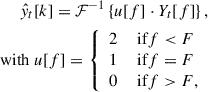 Mathematical equation: $$ \begin{aligned} \begin{aligned} \hat{y}_t[k] = \mathcal{F} ^{-1} \left\{ u[f] \cdot Y_t[f] \right\} , \\ \text{ with}~u[f] = {\left\{ \begin{array}{ll} 2&\text{ if} f < F \ \\ 1&\text{ if} f = F \ \\ 0&\text{ if} f > F, \end{array}\right.} \end{aligned} \end{aligned} $$