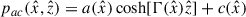 Mathematical equation: $$ \begin{aligned} p_{ac}(\hat{x},\hat{z})&= a(\hat{x}) \cosh [\mathrm{\Gamma }(\hat{x})\hat{z}] + c(\hat{x}) \end{aligned} $$
