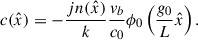 Mathematical equation: $$ \begin{aligned} c(\hat{x})&= -\frac{j{n}(\hat{x})}{k} \frac{v_b}{c_0} \phi _0\left(\frac{g_0}{L} \hat{x}\right). \end{aligned} $$