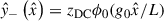 Mathematical equation: $$ \begin{aligned} \hat{y}_-\left(\hat{x}\right)&= z_{\rm DC}\phi _0(g_0 \hat{x}/L) \end{aligned} $$