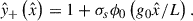 Mathematical equation: $$ \begin{aligned} \hat{y}_+\left(\hat{x}\right)&= 1 + \sigma _s\phi _0\left(g_0 \hat{x}/L\right). \end{aligned} $$