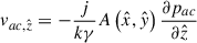 Mathematical equation: $$ \begin{aligned}&v_{ac,\hat{z}} = -\frac{j}{k\gamma } A\left(\hat{x},\hat{y}\right) \frac{\partial p_{ac}}{\partial \hat{z}}\end{aligned} $$
