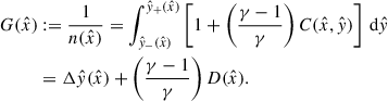 Mathematical equation: $$ \begin{aligned} G(\hat{x})&:= \frac{1}{{n}(\hat{x})} = \int _{\hat{y}_-(\hat{x})}^{\hat{y}_+(\hat{x})} \left[1+\left(\frac{\gamma -1}{\gamma }\right)C(\hat{x},\hat{y})\right]\,\mathrm{d}\hat{y}\nonumber \\&= \mathrm{\Delta } \hat{y}(\hat{x}) + \left(\frac{\gamma -1}{\gamma }\right)D(\hat{x}). \end{aligned} $$