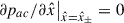 Mathematical equation: $ \left.\partial p_{ac}/\partial\hat{x}\right|_{\hat{x}=\hat{x}_\pm}=0 $