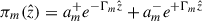 Mathematical equation: $$ \begin{aligned} \pi _m(\hat{z})&=a_m^+e^{-\mathrm{\Gamma }_m \hat{z}}+a_m^-e^{+\mathrm{\Gamma }_m \hat{z}}\end{aligned} $$