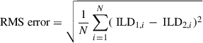 Mathematical equation: $$ \begin{aligned} \text{ RMS} \text{ error} = \sqrt{\frac{1}{N}\sum _{i=1}^{N} (\text{ ILD}_{\text{1},i} - \text{ ILD}_{\text{2},i})^2} \end{aligned} $$
