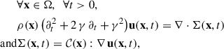 Mathematical equation: $$ \begin{aligned}&\forall \mathbf x \in \mathrm{\Omega },~~ \forall t >0,\\&\rho (\mathbf x )\,\mathopen \mathclose {\left(\partial _t^2+2\,\gamma \,\partial _t+\gamma ^2\right)} \mathbf u (\mathbf x ,t) = \nabla \cdot {\mathbf{\Sigma }}(\mathbf x ,t)\\ \text{ and}&{\mathbf{\Sigma }}(\mathbf x ,t) = \mathcal{C} (\mathbf x ):\nabla \,\mathbf u (\mathbf x ,t), \end{aligned} $$