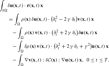 Mathematical equation: $$ \begin{aligned} \int _{\partial \mathrm{\Omega }}&\delta \mathbf u (\mathbf x ,t)\cdot \mathbf r (\mathbf x ,t)\, \mathbb{d} \mathbf x \nonumber \\&= \int _{\mathrm{\Omega }}\rho (\mathbf x )\,\delta \mathbf u (\mathbf x ,t)\cdot \mathopen \mathclose {\left(\partial _t^2-2\,\gamma \,\partial _t\right)}\mathbf v (\mathbf x ,t)\,\mathbb{d} \mathbf x \nonumber \\&\quad - \int _{\mathrm{\Omega }}\rho (\mathbf x )\,\mathbf v (\mathbf x ,t)\cdot \mathopen \mathclose {\left(\partial _t^2+2\,\gamma \,\partial _t\right)}\delta \mathbf u (\mathbf x ,t) \,\mathbb{d} \mathbf x \\&\quad - \int _{\mathrm{\Omega }}\delta \rho (\mathbf x )\,\mathbf v (\mathbf x ,t)\cdot \mathopen \mathclose {\left(\partial _t^2+2\,\gamma \,\partial _t+\gamma ^2\right)}\mathbf u (\mathbf x ,t) \,\mathbb{d} \mathbf x \nonumber \\&\quad - \int _{\mathrm{\Omega }}\nabla \mathbf v (\mathbf x ,t):\delta \mathcal{C} (\mathbf x ): \nabla \mathbf u (\mathbf x ,t)\,\mathbb{d} \mathbf x ,~~0\le t\le T.\nonumber \end{aligned} $$