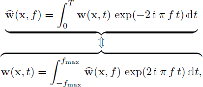 Mathematical equation: $$ \begin{aligned} \begin{array}{c} \underbrace{\displaystyle \widehat{\mathbf{w }}(\mathbf x ,f) = \int _{0}^{T} \mathbf w (\mathbf x ,t)\,\exp (-2\,\mathbb{i} \,\pi \,f\,t)\,\mathbb{d} t }\\ \Updownarrow \\ \overbrace{\displaystyle \mathbf w (\mathbf x ,t) = \int _{-f_{\max }}^{f_{\max }} \widehat{\mathbf{w }}(\mathbf x ,f)\, \exp (2\,\mathbb{i} \,\pi \,f\,t)\,\mathbb{d} t,} \end{array} \end{aligned} $$