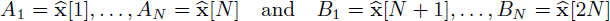 Mathematical equation: $$ A_1 = \mathbf{\widehat{x} }[1], \ldots , A_N = \mathbf{\widehat{x} }[N] \quad \text{ and} \quad B_1 = \mathbf{\widehat{x} }[N+1], \ldots , B_N = \mathbf{\widehat{x} }[2N] $$