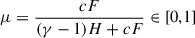 Mathematical equation: $ \mu=\frac{cF}{(\gamma-1)H+cF} \in [0,1] $
