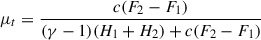 Mathematical equation: $ \mu_t= \frac{c(F_2-F_1)}{(\gamma-1)(H_1+H_2)+c(F_2-F_1)} $