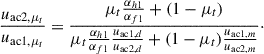 Mathematical equation: $$ \begin{aligned} \frac{u_{\mathrm{ac}2,\mu _t}}{u_{\mathrm{ac}1,\mu _t}}=\frac{\mu _t \frac{\alpha _{h1}}{\alpha _{f1}}+(1-\mu _t)}{\mu _t \frac{\alpha _{h1}}{\alpha _{f1}}\frac{u_{\mathrm{ac}1,d}}{u_{\mathrm{ac}2,d}}+(1-\mu _t) \frac{u_{\mathrm{ac}1,m}}{u_{\mathrm{ac}2,m}}}\cdot \end{aligned} $$