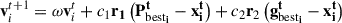 Mathematical equation: $$ \begin{aligned} \mathbf{v }_{i}^{t+1}&=\omega \mathbf{v }_{i}^{t} +c_{1} \mathbf{r }_\mathbf{1 } \left( \mathbf{P _{\mathrm{best}_{i} }^{t} -\mathbf{x }_{i}^{t} } \right)+c_{2} \mathbf{r }_{2} \left( \mathbf{g _{\mathrm{best}_{i} }^{t} -\mathbf{x }_{i}^{t} } \right)\end{aligned} $$