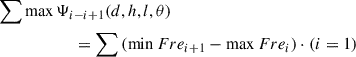 Mathematical equation: $$ \begin{aligned}&\sum {\max \mathrm{\Psi }_{i-i+1} (d,h,l,\theta )}\nonumber \\&\qquad \qquad \qquad =\sum {(\min Fre_{i+1} -\max Fre_{i} )} \cdot (i=1) \end{aligned} $$