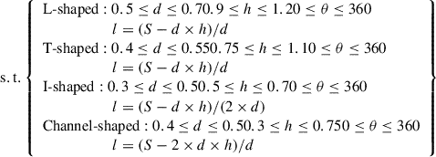 Mathematical equation: $$ \begin{aligned}&\mathrm{s.t.}\left\{ {\begin{array}{l} {\mathrm{L}\text{-}\mathrm{shaped}: 0.5}\le d\le 0.7{ 0.9}\le h\le 1.2{ 0}\le \theta \le 360{ }\\ \qquad \qquad \qquad l=(S-d\times h)/d \\ {\mathrm{T}\text{-}\mathrm{shaped}: 0.4}\le d\le 0.55{ 0.75}\le h\le 1.1{ 0}\le \theta \le 360{ } \\ \qquad \qquad \qquad l=(S-d\times h)/d \\ {\mathrm{I}\text{-}\mathrm{shaped}: 0.3}\le d\le 0.5{ 0.5}\le h\le 0.7{ 0}\le \theta \le 360{ }\\ \qquad \qquad \qquad l=(S-d\times h)/(2\times d) \\ {\mathrm{Channel}\text{-}\mathrm{shaped}: 0.4}\le d\le 0.5{ 0.3}\le h\le 0.75{ 0}\le \theta \le 360{ }\\ \qquad \qquad \qquad l=(S-2\times d\times h)/d \\ \end{array}} \right\} \end{aligned} $$