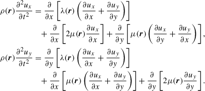 Mathematical equation: $$ \begin{aligned} \begin{aligned} \rho (\boldsymbol{r})\frac{\partial ^{2}u_{x} }{\partial t^{2}}&=\frac{\partial }{\partial x}\left[ {\lambda (\boldsymbol{r})\left( {\frac{\partial u_{x} }{\partial x}+\frac{\partial u_{y} }{\partial y}} \right)} \right]\\&\quad +\frac{\partial }{\partial x}\left[ {2\mu (\boldsymbol{r})\frac{\partial u_{x} }{\partial x}} \right]+\frac{\partial }{\partial y}\left[ {\mu (\boldsymbol{r})\left( {\frac{\partial u_{x} }{\partial y}+\frac{\partial u_{y} }{\partial x}} \right)} \right], \\ \rho (\boldsymbol{r})\frac{\partial ^{2}u_{y} }{\partial t^{2}}&=\frac{\partial }{\partial y}\left[ {\lambda (\boldsymbol{r})\left( {\frac{\partial u_{x} }{\partial x}+\frac{\partial u_{y} }{\partial y}} \right)} \right]\\&\quad +\frac{\partial }{\partial x}\left[ {\mu (\boldsymbol{r})\left( {\frac{\partial u_{x} }{\partial x}+\frac{\partial u_{y} }{\partial y}} \right)} \right]+\frac{\partial }{\partial y}\left[ {2\mu (\boldsymbol{r})\frac{\partial u_{y} }{\partial y}} \right]. \end{aligned} \end{aligned} $$