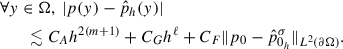 Mathematical equation: $$ \begin{aligned} \begin{aligned}&\forall y \in \mathrm{\Omega }, ~ |p(y) - \hat{p}_h(y)|\\&\qquad \lesssim C_Ah^{2(m+1)} + C_Gh^{\ell } + C_F\Vert p_0 - \hat{p}_{0_h}^{\sigma }\Vert _{L^2(\partial \mathrm{\Omega })}. \end{aligned} \end{aligned} $$