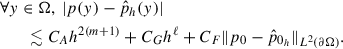 Mathematical equation: $$ \begin{aligned} \begin{aligned}&\forall y \in \mathrm{\Omega }, ~ |p(y) - \hat{p}_h(y)|\\&\qquad \lesssim C_Ah^{2(m+1)} + C_Gh^{\ell } + C_F\Vert p_0 - \hat{p}_{0_h}\Vert _{L^2(\partial \mathrm{\Omega })}. \end{aligned} \end{aligned} $$