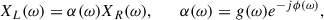 Mathematical equation: $$ \begin{aligned} X_L(\omega )=\alpha (\omega )X_R(\omega ),\qquad \alpha (\omega )=g(\omega )e^{-j\phi (\omega )}, \end{aligned} $$