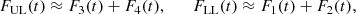 Mathematical equation: $$ \begin{aligned} F_{\mathrm{UL} }(t) \approx F_{3}(t) + F_{4}(t), \qquad F_{\mathrm{LL} }(t) \approx F_{1}(t) + F_{2}(t), \end{aligned} $$