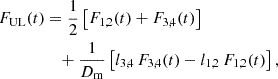 Mathematical equation: $$ \begin{aligned} F_{\mathrm{UL} }(t)&= \frac{1}{2} \left[ F_{1,2}(t) + F_{3,4}(t) \right]\nonumber \\&\quad + \frac{1}{D_{\mathrm{m} }} \left[ l_{3,4}\,F_{3,4}(t) - l_{1,2}\,F_{1,2}(t) \right], \end{aligned} $$