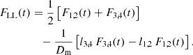 Mathematical equation: $$ \begin{aligned} F_{\mathrm{LL} }(t)&= \frac{1}{2} \left[ F_{1,2}(t) + F_{3,4}(t) \right]\nonumber \\&\quad - \frac{1}{D_{\mathrm{m} }} \left[ l_{3,4}\,F_{3,4}(t) - l_{1,2}\,F_{1,2}(t) \right]. \end{aligned} $$