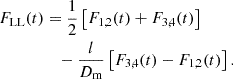 Mathematical equation: $$ \begin{aligned} F_{\mathrm{LL} }(t)&= \frac{1}{2} \left[ F_{1,2}(t) + F_{3,4}(t) \right]\nonumber \\&\quad - \frac{l}{D_{\mathrm{m} }} \left[ F_{3,4}(t) - F_{1,2}(t) \right]. \end{aligned} $$
