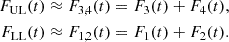 Mathematical equation: $$ \begin{aligned} \begin{aligned} F_{\mathrm{UL} }(t)&\approx F_{3,4}(t) = F_3(t)+F_4(t),\\ F_{\mathrm{LL} }(t)&\approx F_{1,2}(t) = F_1(t)+F_2(t). \end{aligned} \end{aligned} $$