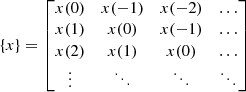 Mathematical equation: $$ \begin{aligned} \left\{ x \right\} = \begin{bmatrix} x(0)&x(-1)&x(-2)&\dots \\ x(1)&x(0)&x(-1)&\dots \\ x(2)&x(1)&x(0)&\dots \\ \vdots&\ddots&\ddots&\ddots \end{bmatrix} \end{aligned} $$