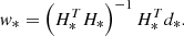 Mathematical equation: $$ \begin{aligned} w_* = \left(\MakeUppercase {h}_*^T \MakeUppercase {h}_*\right)^{-1}\MakeUppercase {h}_*^Td_*. \end{aligned} $$
