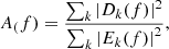 Mathematical equation: $$ \begin{aligned} \MakeUppercase {a}_(f) = \frac{\sum _k\left| \MakeUppercase {d}_{k}(f) \right|^2}{\sum _{k}\left|\MakeUppercase {e}_{k}(f) \right|^2}, \end{aligned} $$