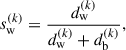 Mathematical equation: $$ \begin{aligned} s_{\mathrm{w} }^{(k)} = \frac{d_{\mathrm{w} }^{(k)}}{d_{\mathrm{w} }^{(k)} + d_{\mathrm{b} }^{(k)}}, \end{aligned} $$