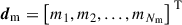 Mathematical equation: $ {\boldsymbol d}_{\mathrm{m}} = \begin{bmatrix} m_{1}, m_{2}, \ldots, m_{N_{\mathrm{m}}} \end{bmatrix}^{\text{ T}} $