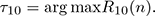 Mathematical equation: $$ \begin{aligned} \tau _{10} = { \arg \max }{ R_{10}(n)}. \end{aligned} $$