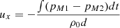Mathematical equation: $ u_{x}=-\frac{\int(p_{M1}-p_{M2})dt}{\rho_0 d} $