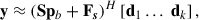 Mathematical equation: $$ \begin{aligned} \mathbf y \approx \left( \mathbf S \mathbf p _{b} + \mathbf F _{\boldsymbol{s}} \right)^{H}\left[\mathbf d _{1}\ldots \ \mathbf d _{k} \right], \end{aligned} $$