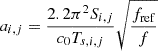 Mathematical equation: $$ \begin{aligned} a_{i,j} = \dfrac{2.2\pi ^2S_{i,j}}{c_0 T_{s,i,j}}\sqrt{\dfrac{f_{\rm ref}}{f}} \end{aligned} $$
