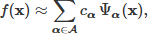 Mathematical equation: $$ \begin{aligned} f(\mathbf x ) \approx \sum _{\boldsymbol{\alpha } \in \mathcal{A} } c_{\boldsymbol{\alpha }}\, \mathrm{\Psi }_{\boldsymbol{\alpha }}(\mathbf x ), \end{aligned} $$