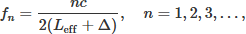 Mathematical equation: $$ \begin{aligned} f_n = \frac{n c}{2 (L_\mathrm{eff} + \mathrm{\Delta })}, \quad n = 1, 2, 3, \ldots , \end{aligned} $$