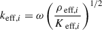 Mathematical equation: $$ \begin{aligned} k_{\mathrm{eff} ,i}&=\omega \left(\frac{\rho _{\text{ eff},i}}{K_{\text{ eff},i}}\right)^{1/2} \end{aligned} $$