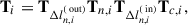 Mathematical equation: $$ \begin{aligned} \mathbf T_i&=\mathbf T _{\mathrm{\Delta } l_{n,i}^{(\text{ out})}} \mathbf T_{n,i} \mathbf T _{\mathrm{\Delta } l_{n,i}^{(\text{ in})}} \mathbf T_{c,i} , \end{aligned} $$