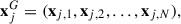 Mathematical equation: $$ \begin{aligned} \mathbf x ^{G}_{j} = (\mathbf x _{{j},1}, \mathbf x _{{j},2}, \ldots ,\mathbf x _{{j},{N}}), \end{aligned} $$
