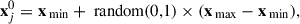 Mathematical equation: $$ \begin{aligned} \mathbf x _{j}^{0} = \mathbf x _{\text{ min}} + \text{ random}(0,1) \times (\mathbf x _{\text{ max}} - \mathbf x _{\text{ min}}), \end{aligned} $$
