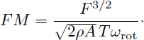 Mathematical equation: $$ \begin{aligned} FM = \frac{F^{3/2}}{\sqrt{2 \rho A}\, T \omega _{\mathrm{rot} }}\cdot \end{aligned} $$