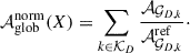 Mathematical equation: $$ \begin{aligned} \mathcal{A} _{\mathrm{glob} }^{\mathrm{norm} }(X) = \sum _{k \in \mathcal{K} _{D}} \frac{\mathcal{A} _{\mathcal{G} _{D,k}}}{\mathcal{A} _{\mathcal{G} _{D,k}}^{\mathrm{ref} }}\cdot \end{aligned} $$