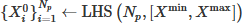 Mathematical equation: $ \{X_i^0\}_{i=1}^{N_p} \leftarrow \text{LHS}\left(N_p, [X^{\min}, X^{\max}]\right) $